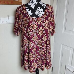 LuLaRoe Burgundy and Yellow Geometric Blouse Size Large